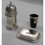 A Victorian silver lighthouse sugar caster, a silver cigarette case and a silver mounted horn