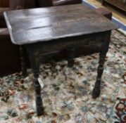 A late 17th century oak rectangular topped side table, on turned supports W.76cm