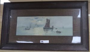 English School c.1900, oil on board, shipping on a calm sea, 7.5 x 21in.