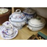 A Wedgwood creamware oval two handled tureen and cover, two Victorian Staffordshire soup tureens,