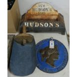 A Hudson soap display stand, a shovel and a French plaque