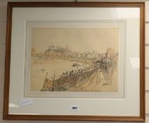 Sir Henry Rushbury RA (1889-1968), pencil and watercolour, View of the Tiber, Rome, monogrammed with