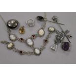 Mixed jewellery including a Charles Horner hat pin, a 9ct white gold ring etc.