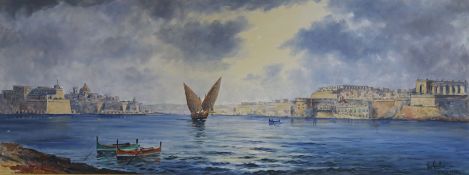Joseph Galea, oil on canvas board, Valetta Harbour, Malta, signed and dated 1918, 18 x 46in.