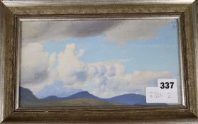 Modern British, oil on canvas board, clouds over mountains, 5.5 x 10in.