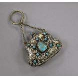 A 19th century Austro-Hungarian? parcel gilt white metal and turquoise set purse, 56mm.