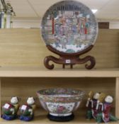 A Chinese saucer shaped dish and a bowl and two pairs of Chinese figures of boys charger diameter