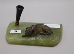 A marble and bronze ink stand with a bulldog mount width 17cm
