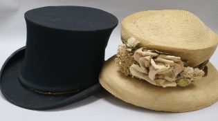 A ladies Edwardian straw hat, collapsible top hat and a tammy shanter