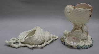A Royal Worcester nautilus centrepiece and a Royal Worcester shell wall pocket centrepiece height