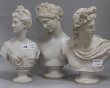 Three white composition classical busts tallest 35cm