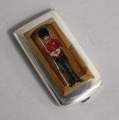 A George V silver cigarette case with later soft enamel panel of a guardsman, Deakin & Francis,