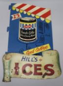 Two advertising signs - Hill's Ices /Lyons French Coffee largest 44 x 30cm
