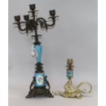 A Sevres style porcelain and gilt metal candelabrum and brass and ceramic dragon chamberstick