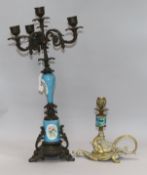 A Sevres style porcelain and gilt metal candelabrum and brass and ceramic dragon chamberstick