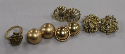 Four pairs of assorted gold ear clips including 9ct and a 9ct "rose" ring.