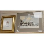 Andrew John, watercolour, Jevington Church in winter, signed, 12 x 19in, and a print of a