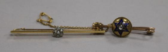 An early 20th century 15ct gold and diamond cluster bar brooch and a Victorian 9ct gold, diamond and