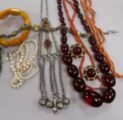Mixed items including Channel earclips, necklaces, citrine bracelet, amber bracelet and a South