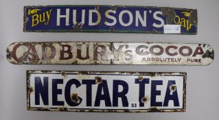 Three enamel advertising signs 'Cadbury's Cocoa', 'Nectar Tea' and Hudson's Soap longest 61cm