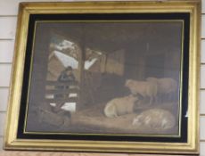 After George Morland, three coloured mezzotints, cottage interior, sheep in barn and cattle, 17.5