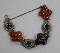 A Victorian Scottish white metal, banded agate and carnelian set bracelet.