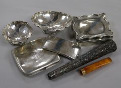 An Edwardian silver trinket box, a silver card case, silver cigarette case, two Chinese dishes, a