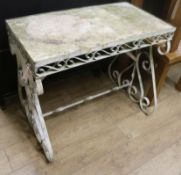 A marble topped garden table W.93cm