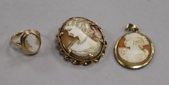 A 9ct gold mounted cameo brooch, a 9ct gold cameo ring and a cameo pendant.