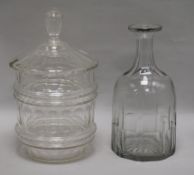 A Victorian lidded sugar bowl and a cut glass decanter (lacking stopper) tallest 33cm