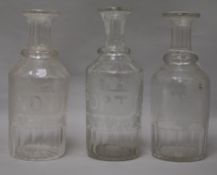 Three decanters etched Whisky, Brandy and Port height 27cm