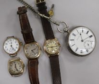 Three 9ct gold wrist watches, one gold plated wrist watch and a silver pocket watch with albert.