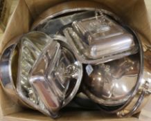 A quantity of silver plated tureens, entree dishes, bowl etc