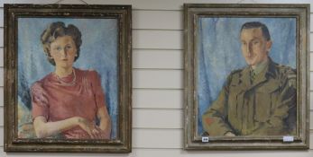 Mary Entwhistle, pair of oils on canvas, portraits of a WWII soldier and his wife, signed and