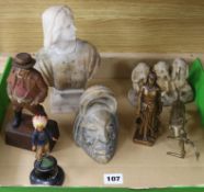 A collection of mixed figurines, a bust of a lady and carvings bust height 22cm