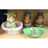 Two majolica vases, Burleighware jug, a Carlton ware dish and a Masons bowl