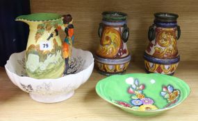 Two majolica vases, Burleighware jug, a Carlton ware dish and a Masons bowl