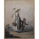 Saverio della Gatta (fl.1777-1829) watercolour Mother and child on a lane, signed 8 x 6in. unframed