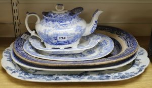 A collection of Victorian and later blue and white Willow pattern and other ceramics