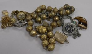 A pair of yellow metal, split pearl and diamond ear clips and other mixed jewellery etc.