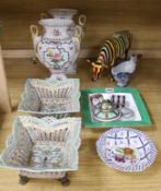 A pair of crinoline groups, a pair of two handled floral painted vases and sundry decorative wares