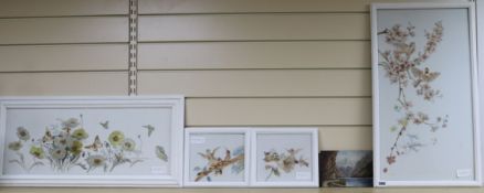 Four early 20th century paintings on opaque glass, studies of birds and flowers, largest 24 x 12.