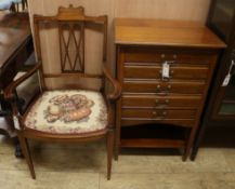 An Edwardian inlaid mahogany open armchair and a mahogany music cabinet Cabinet W.53cm
