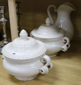 A pair of crackleware lidded tureens and a jug jug height 35cm