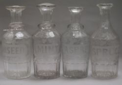 Four etched Mint, Spruce, Aniseed, decanters