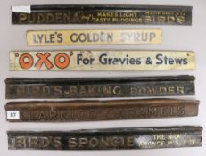 Five shelf advertising signs for Baking Powder, Sponge Mixture, Caramels, Pudding Mix and Oxo