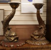 A pair of faux giltwood tables with dolphin marble bases W.45cm