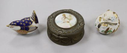 A French 19th century ormolu circular trinket box and two Royal Crown Derby paperweights, Wren and