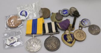 A group of assorted medals and badges including Khedive's Sudan medal to Pte J.Hawley, Gren. Gds.