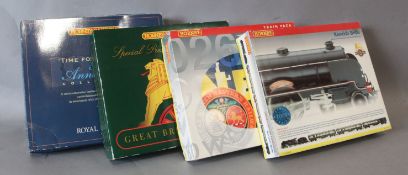 Four Hornby 00 train packs; GNER 125 High Speed Trains R2000, Kentish Belle R2079, The Royal Scott